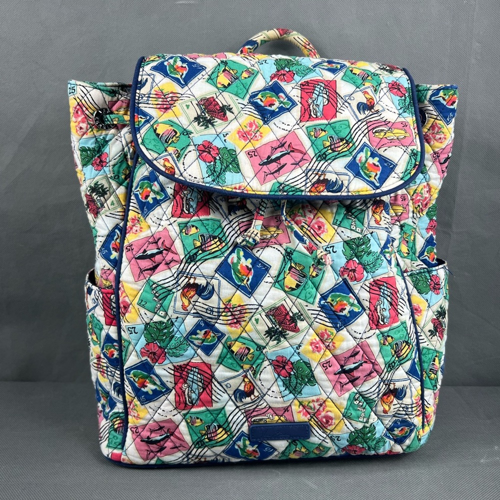 Vera Bradley retired "Cuban Stamps" pattern quilted cotton backpack.